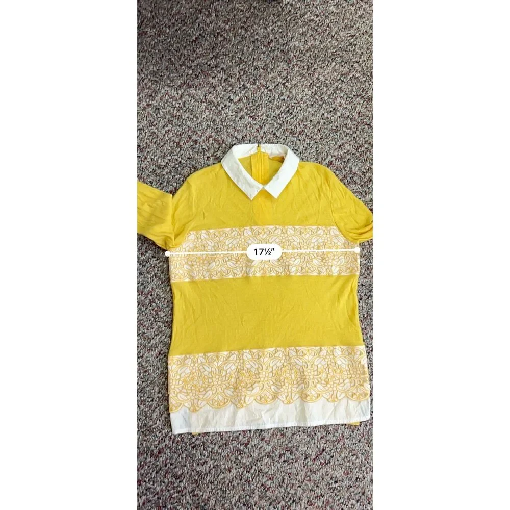 Tory Burch Womens Yellow Merino Wool Embroidered White Collared LS Sweater Sz M